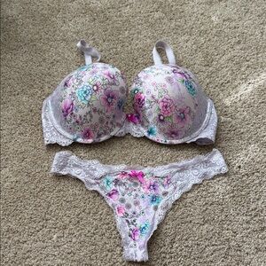 Victoria's Secret Floral Lace Push-Up Bra & Thong - Pink, Teal, Purple
